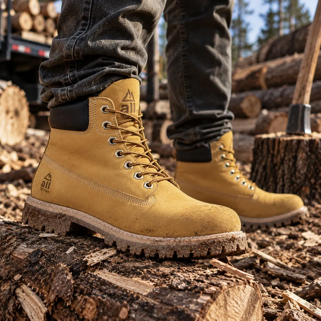 Bota Lenhador Golden sobre tronco de madeira
